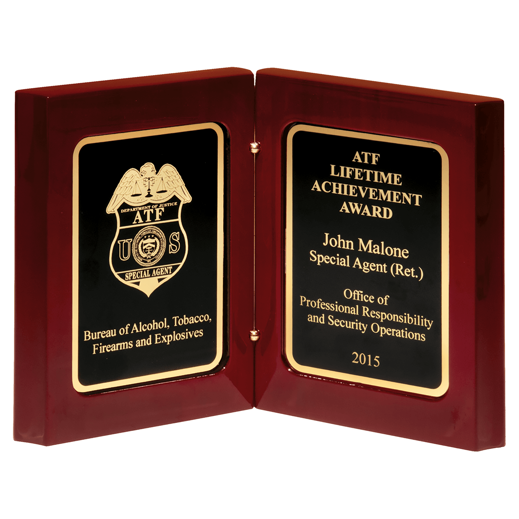 Rosewood high-gloss book award with black and gold border plates