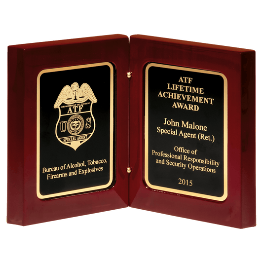 Rosewood high-gloss book award with black and gold border plates