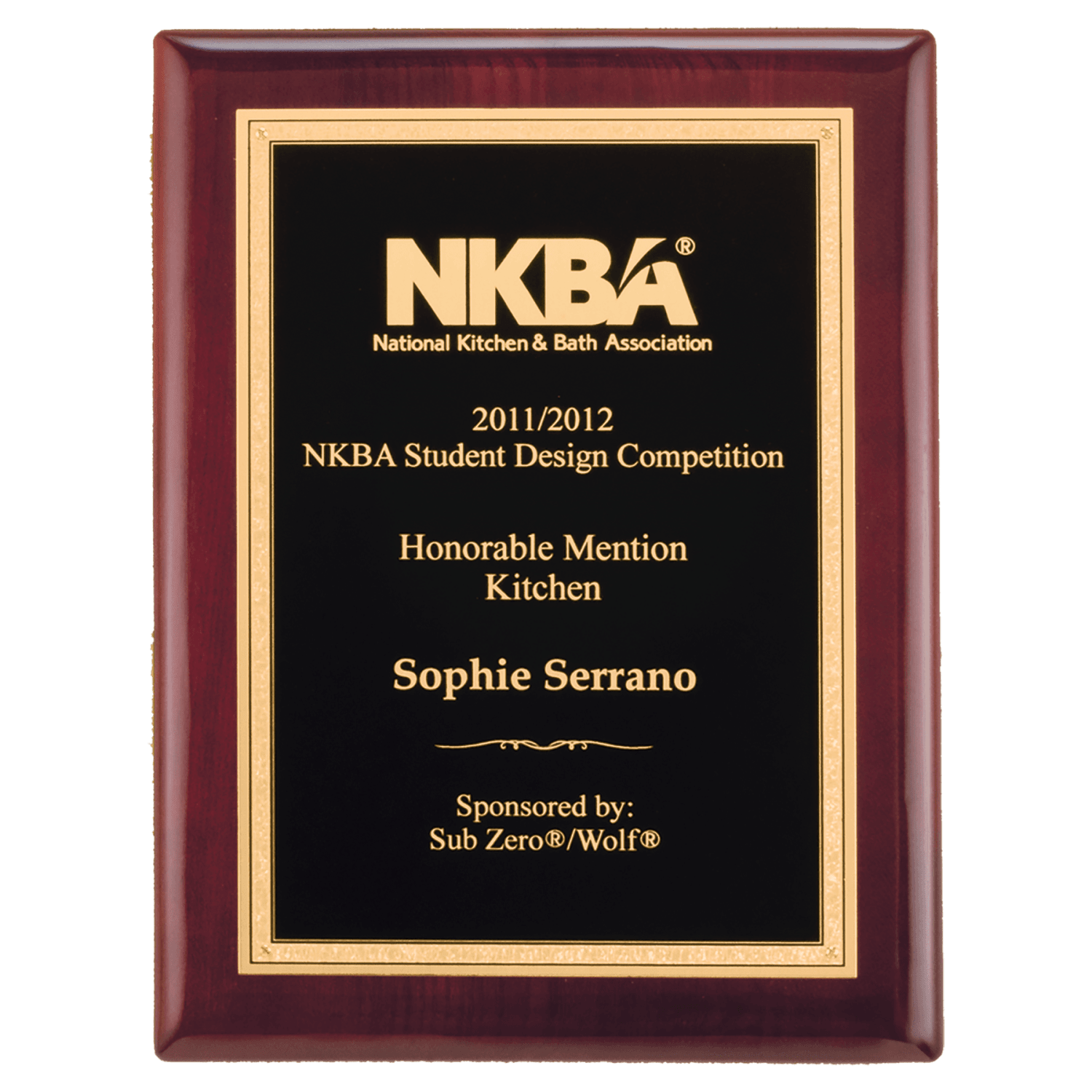 Airflyte 9" x 12" Rosewood Piano Finish Plaque with Textured Black & Gold Florentine Border