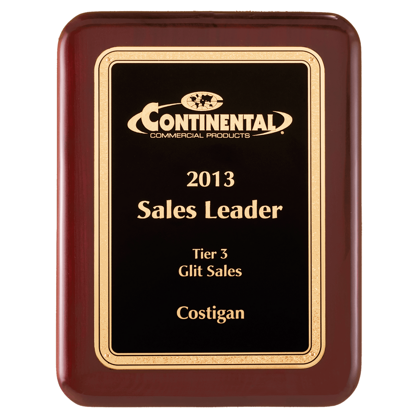 10 1/2" x 13" Airflyte Rosewood Piano Finish Plaque with Textured Black/Gold Florentine Border