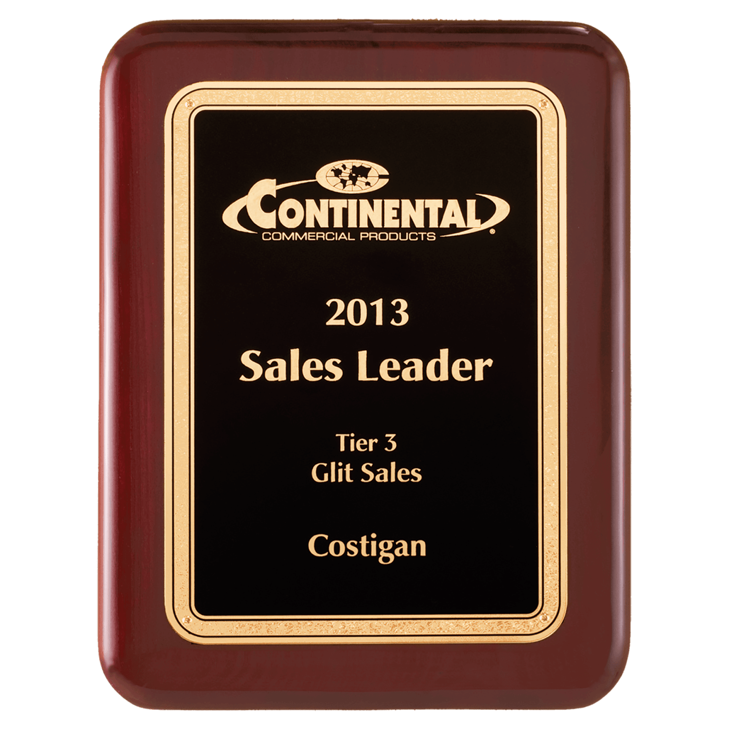 10 1/2" x 13" Airflyte Rosewood Piano Finish Plaque with Textured Black/Gold Florentine Border
