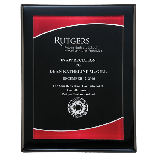 Black piano-finish plaque with a red-border acrylic plate