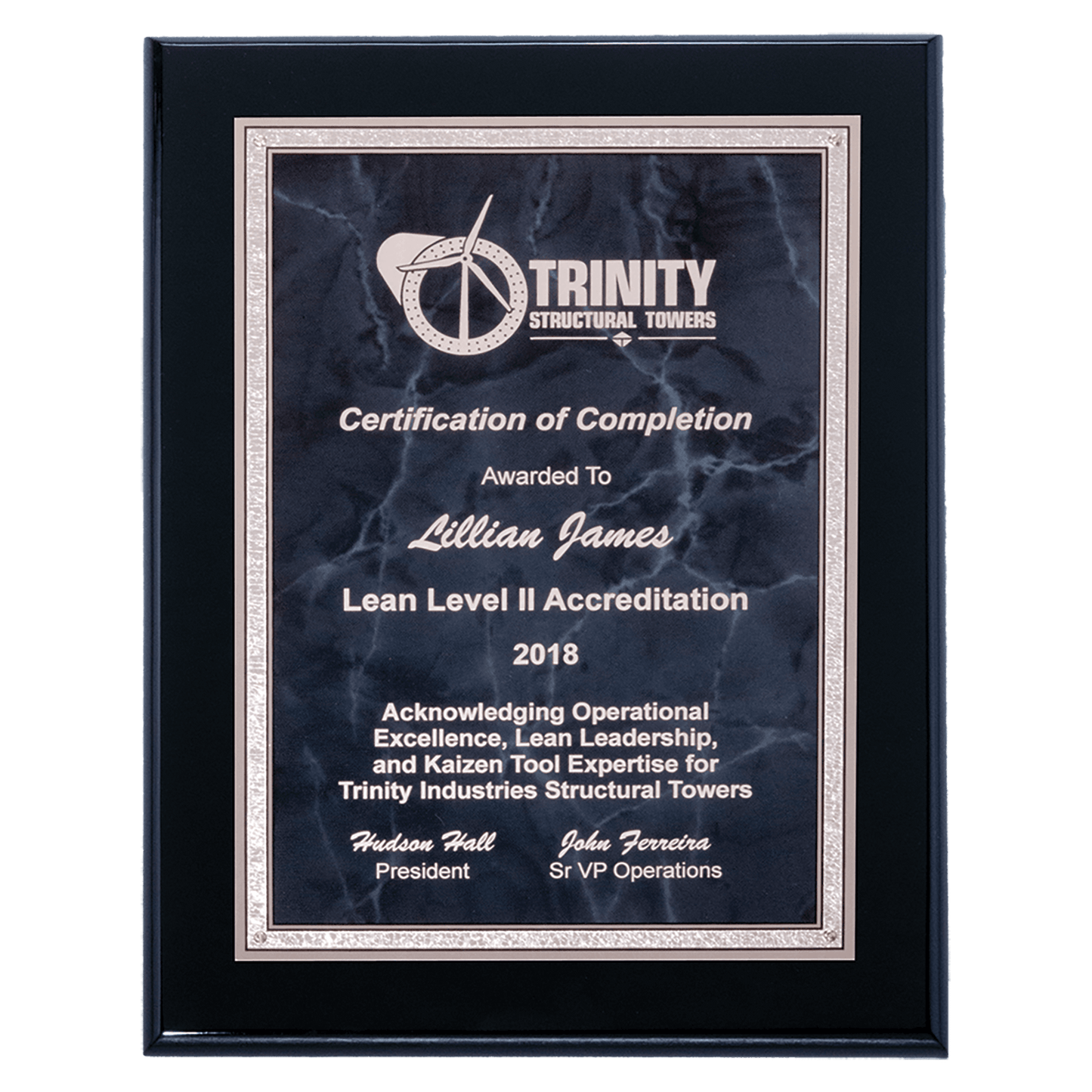 Black piano-finish plaque with gray marble plate and silver border