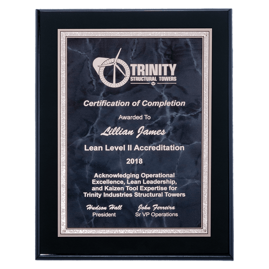 Black piano-finish plaque with gray marble plate and silver border