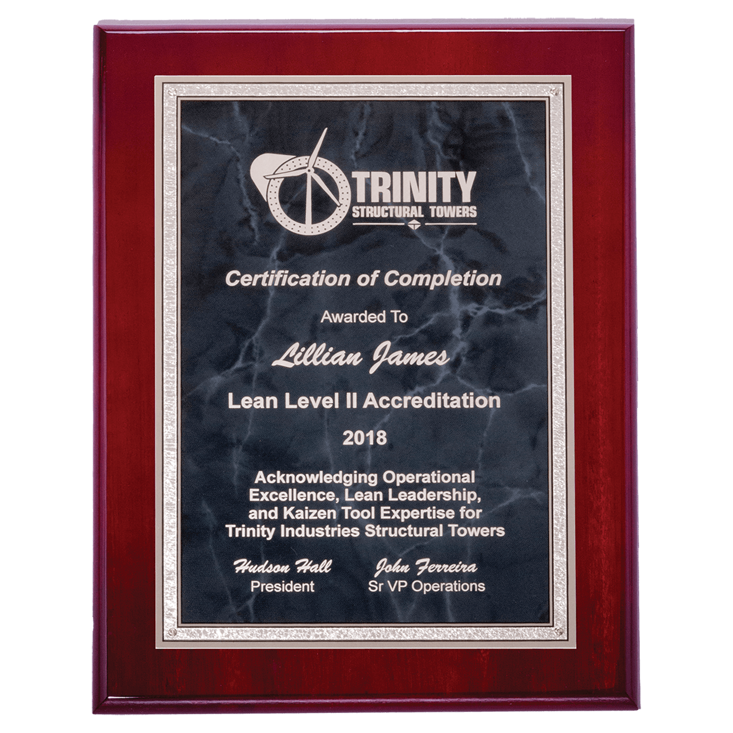 Rosewood piano-finish plaque with gray marble plate and silver border