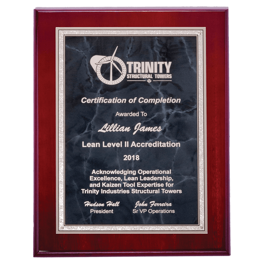 Rosewood piano-finish plaque with gray marble plate and silver border