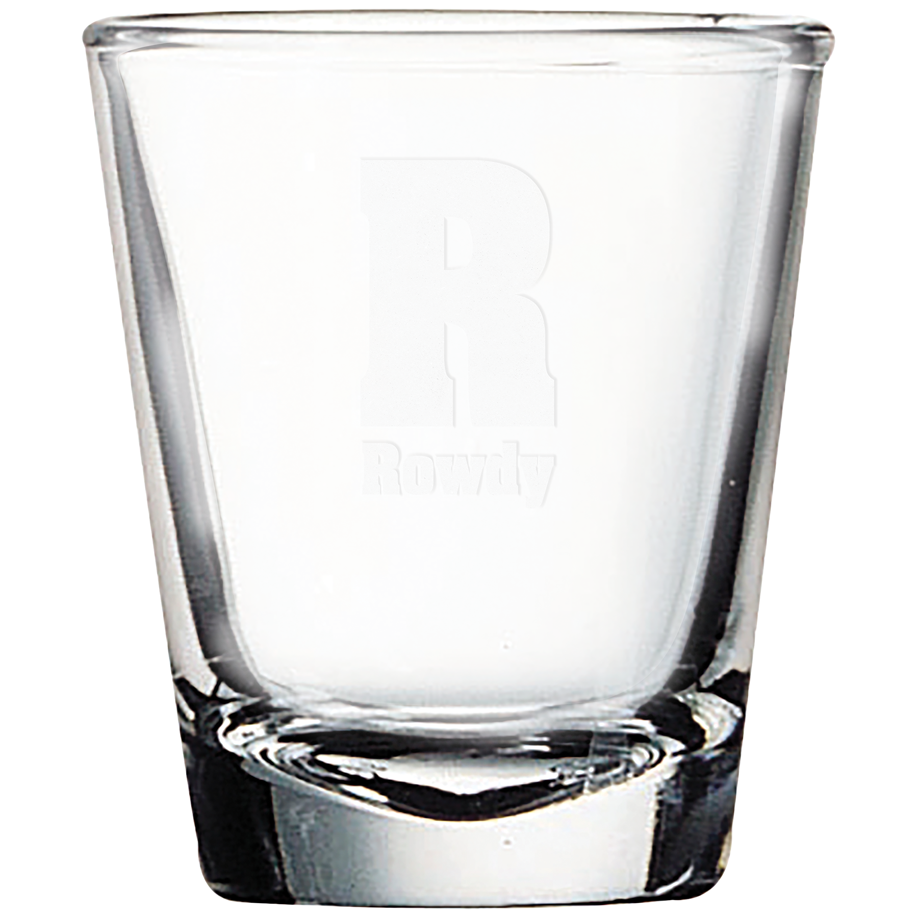 Clear 1.7 oz. shot glass with a frosted etched design on a light background