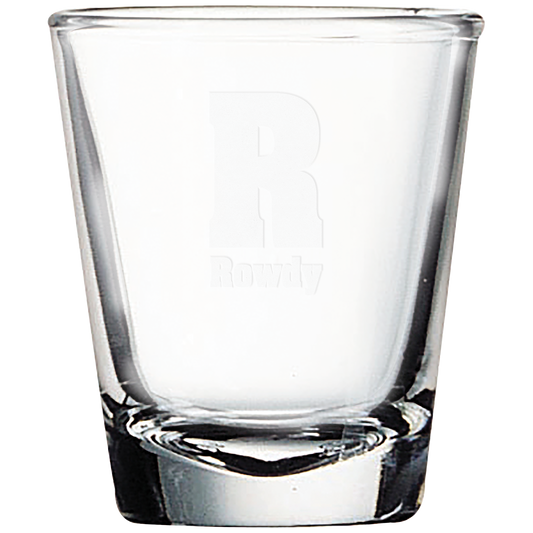 Clear 1.7 oz. shot glass with a frosted etched design on a light background