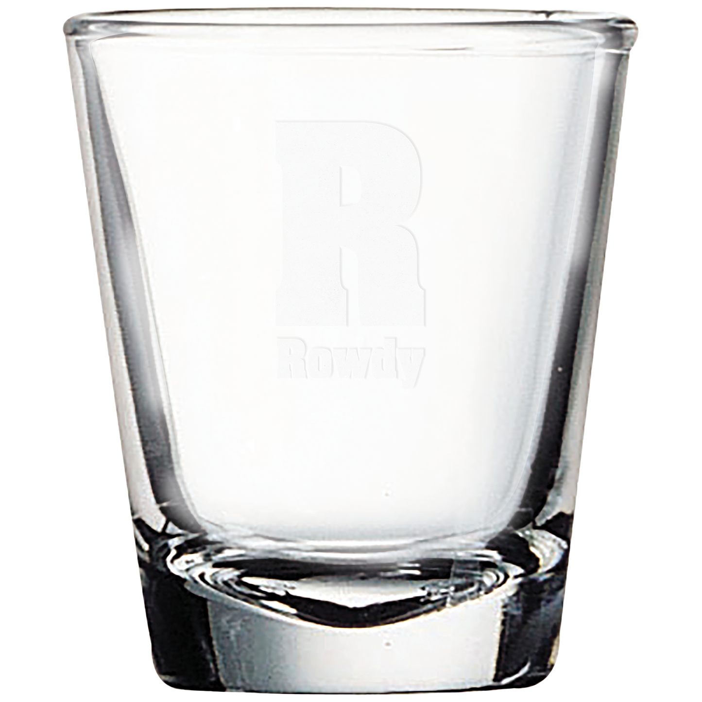 Clear 1.7 oz. shot glasses with a frosted etched design, shown as a matching set