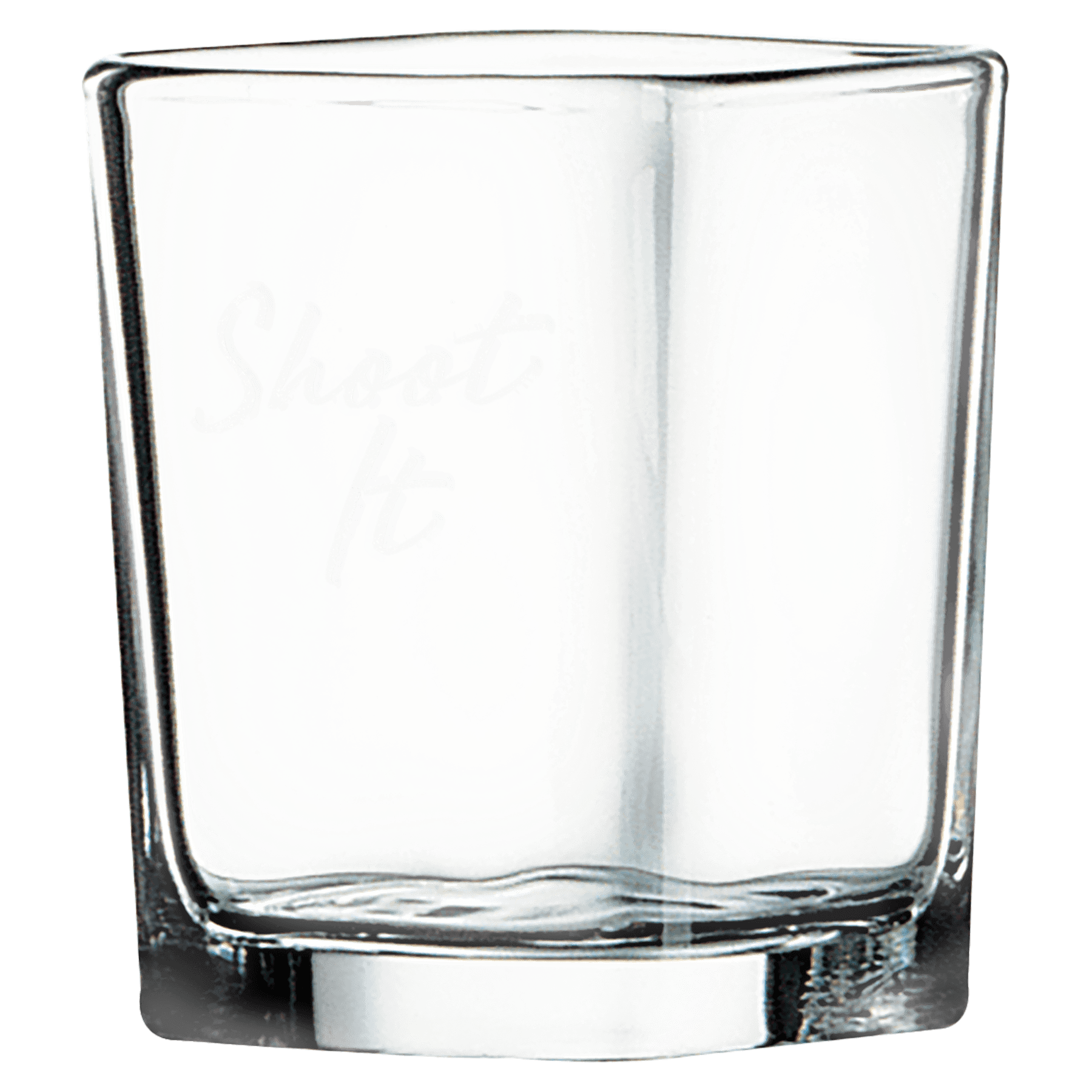 Clear square 2 ounce shot glass with a heavy base and a frosted etched design on a light background
