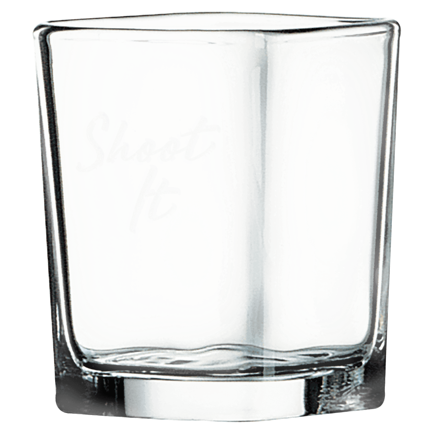 Clear square 2 ounce shot glasses with heavy bases and a frosted etched design, shown as a matching set