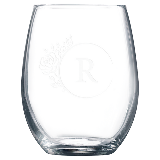 Clear 9 oz. stemless wine glasses with a frosted etched design, shown as a matching set