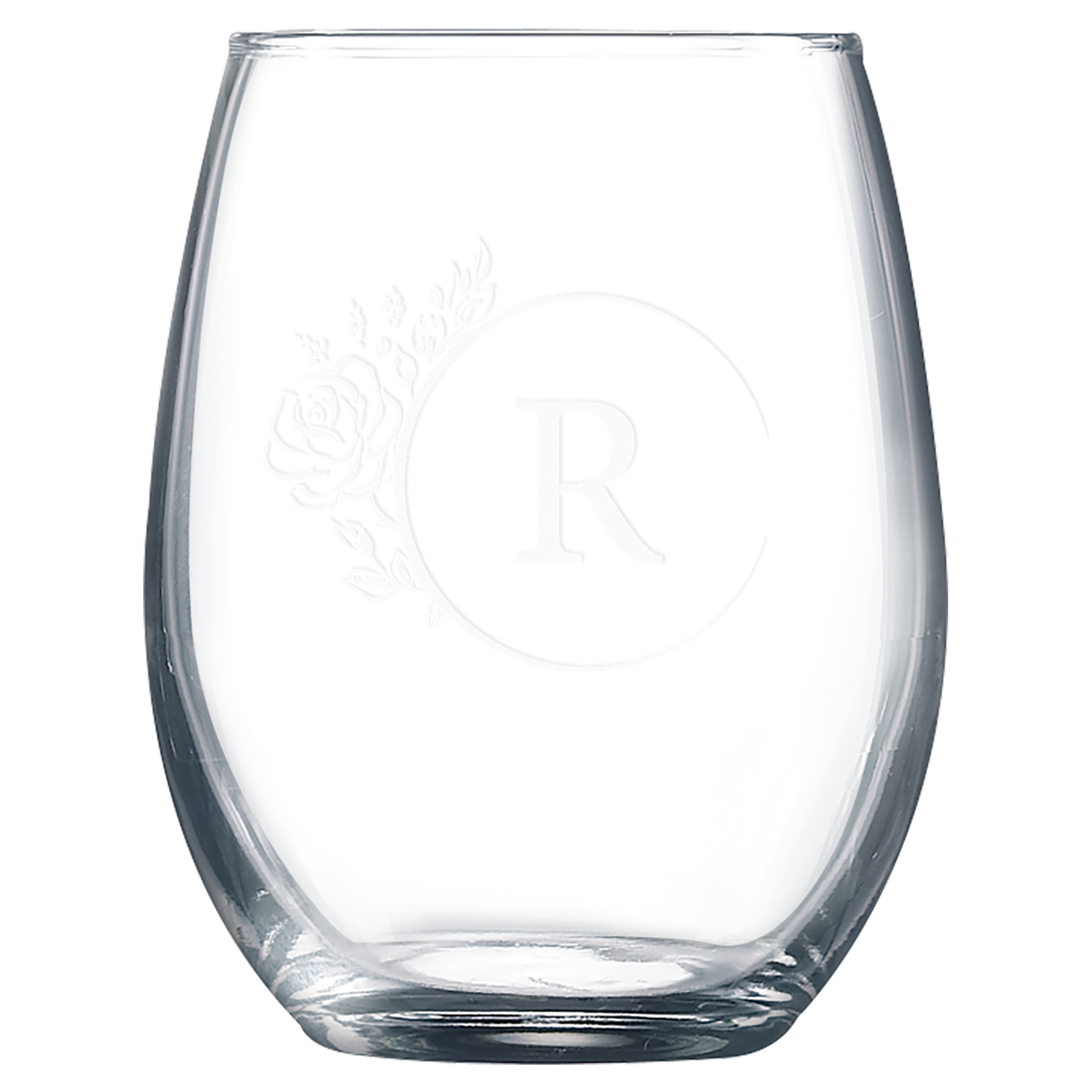 Clear 9 oz. stemless wine glasses with a frosted etched design, shown as a matching set