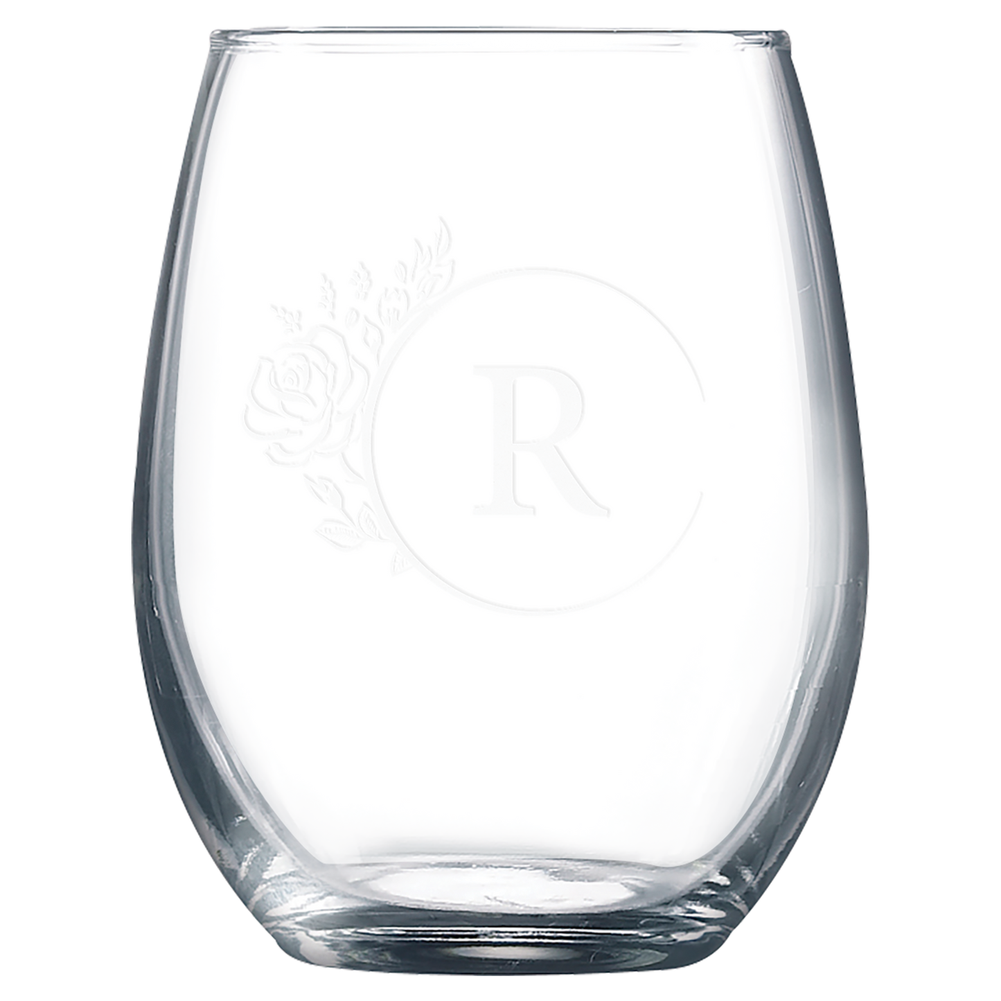 Clear 9 oz. stemless wine glasses with a frosted etched design, shown as a matching set