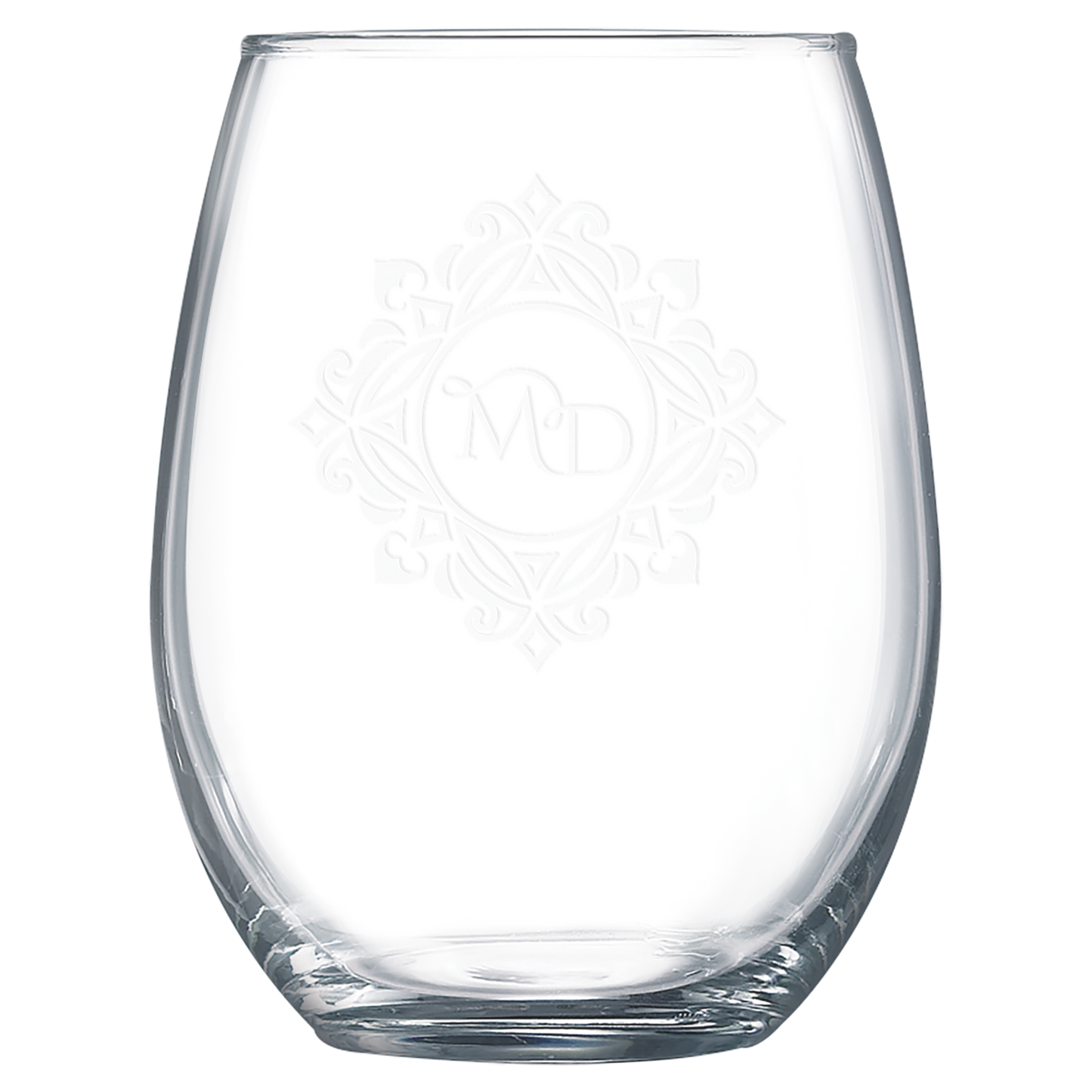 Clear 15 oz. stemless wine glasses with a frosted etched design, shown as a matching set