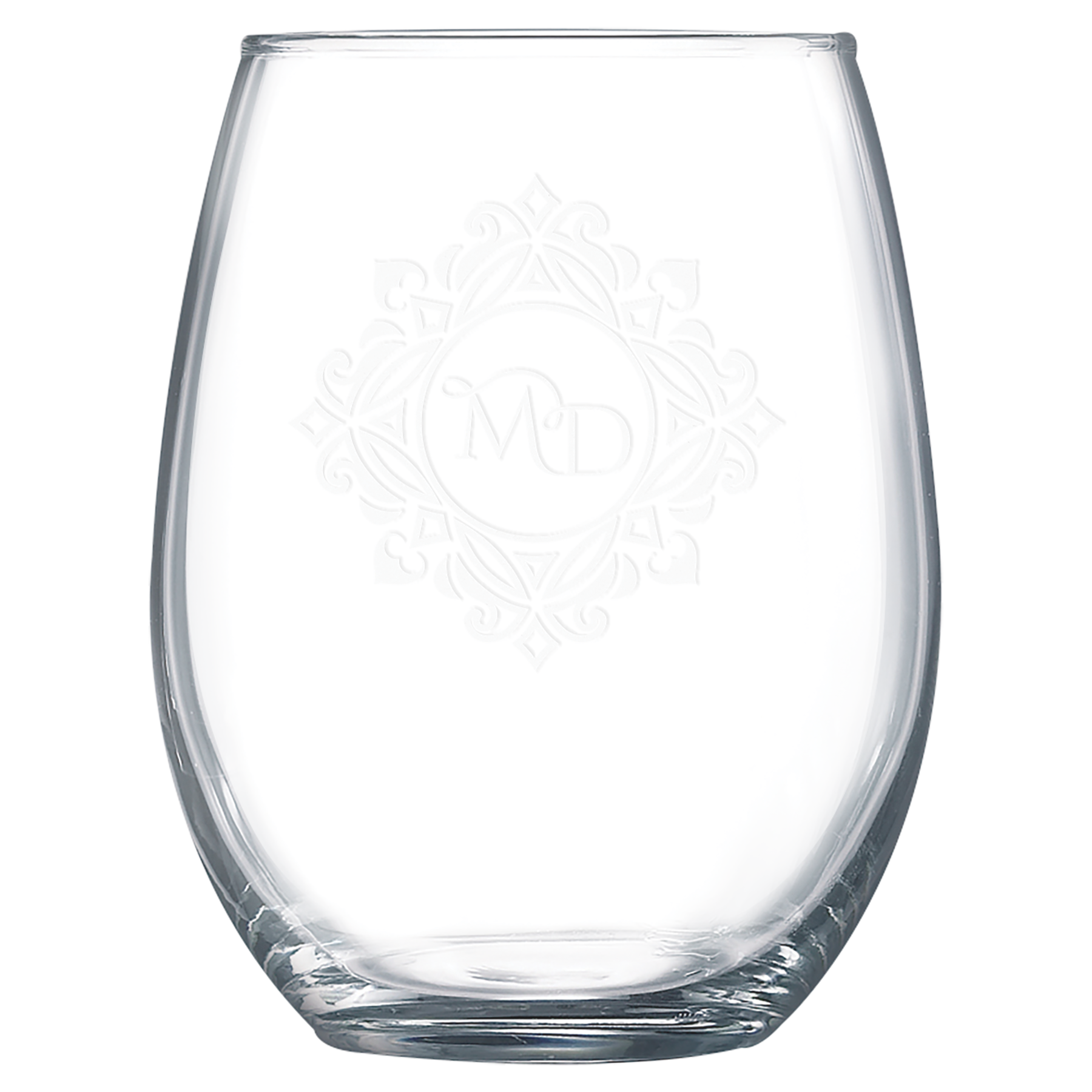 Clear 15 oz. stemless wine glasses with a frosted etched design, shown as a matching set