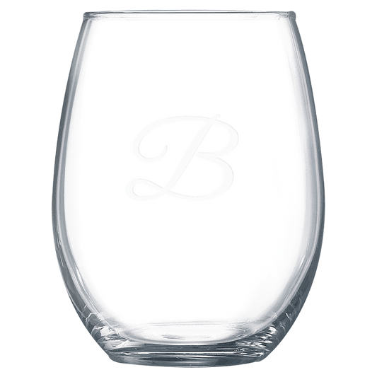 Clear 21 oz. oversized stemless wine glass with a frosted etched design on a light background