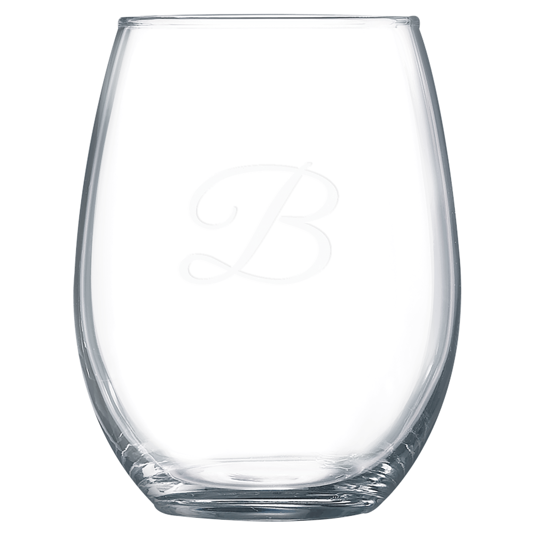 Clear 21 oz. oversized stemless wine glasses with a frosted etched design, shown as a matching set