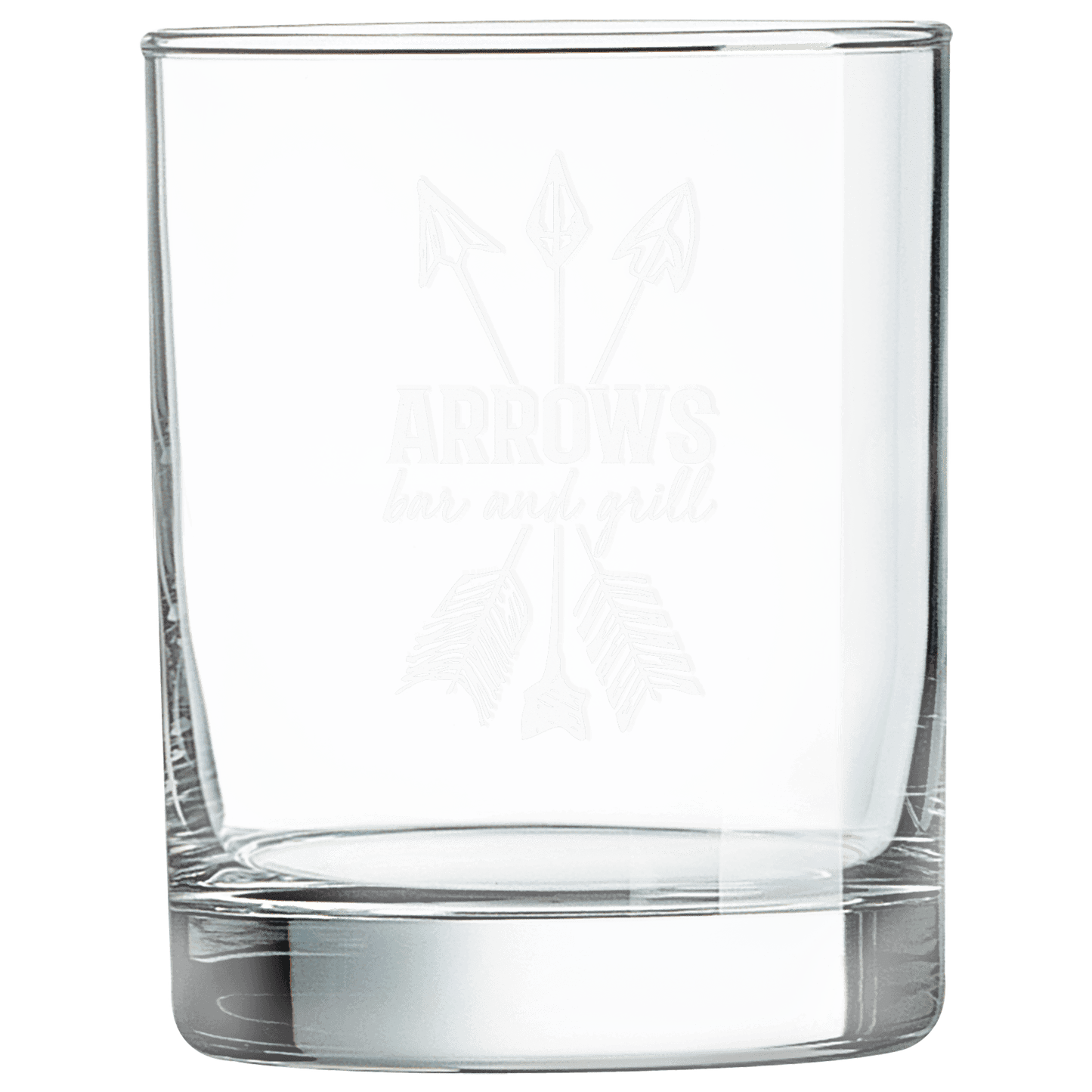 Clear 13.75 oz. round double old fashioned glass with a heavy base and a frosted etched design on a light background