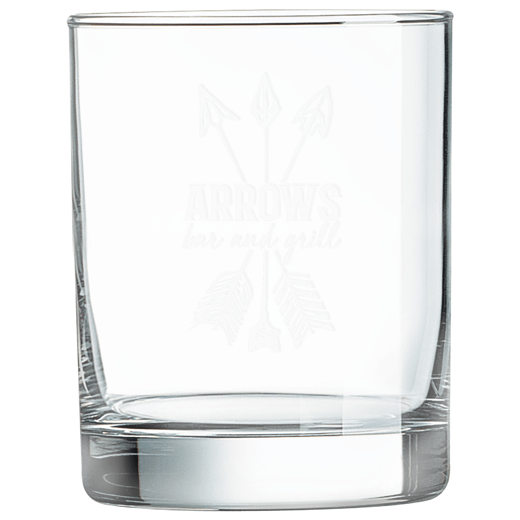 Clear 13.75 oz. round double old fashioned glass with a heavy base and a frosted etched design on a light background