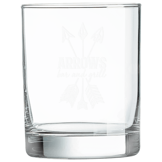 Clear 13.75 oz. round double old fashioned glasses with heavy bases and a frosted etched design, shown as a matching set
