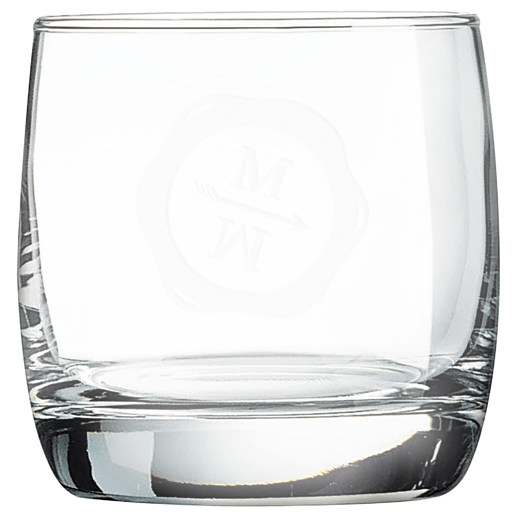 Clear 10 oz. round rocks glass with a heavy base and a frosted etched design on a light background