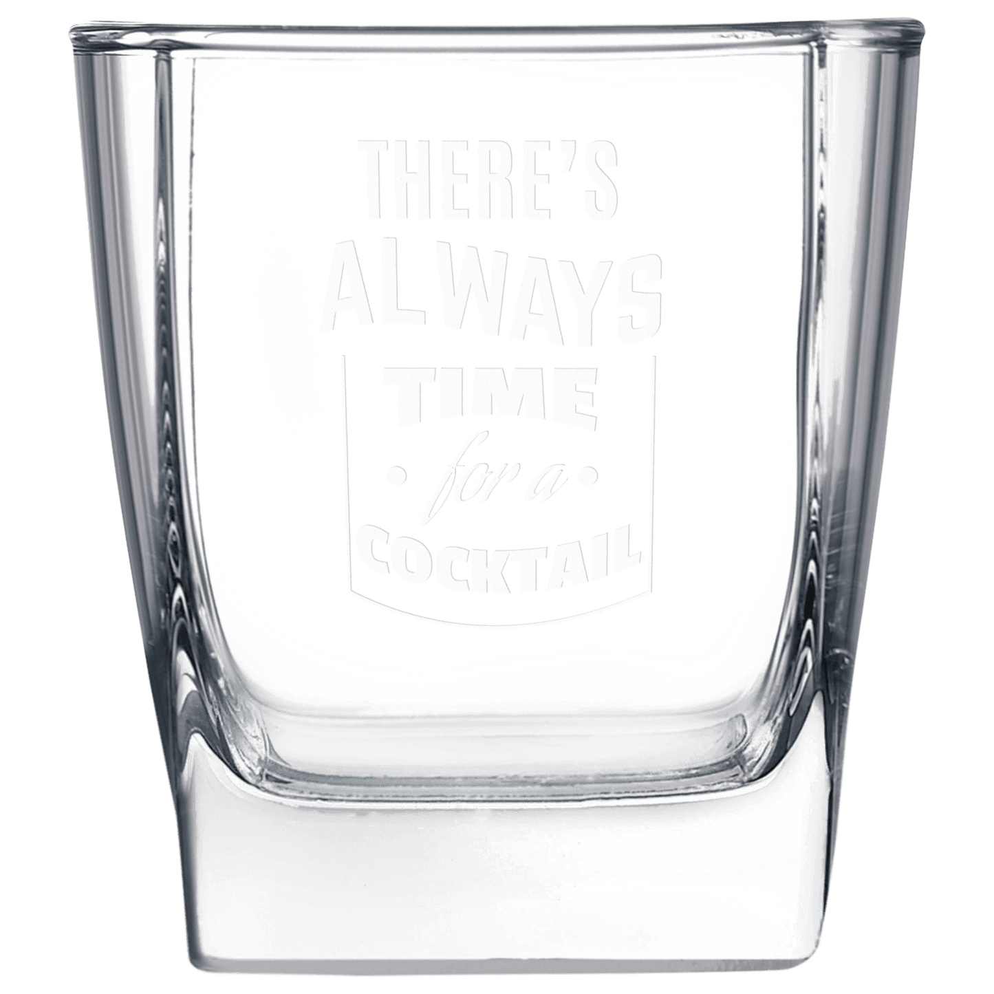 Clear square 10.5 oz. rocks glasses with thick bases and a frosted etched design, shown as a matching set