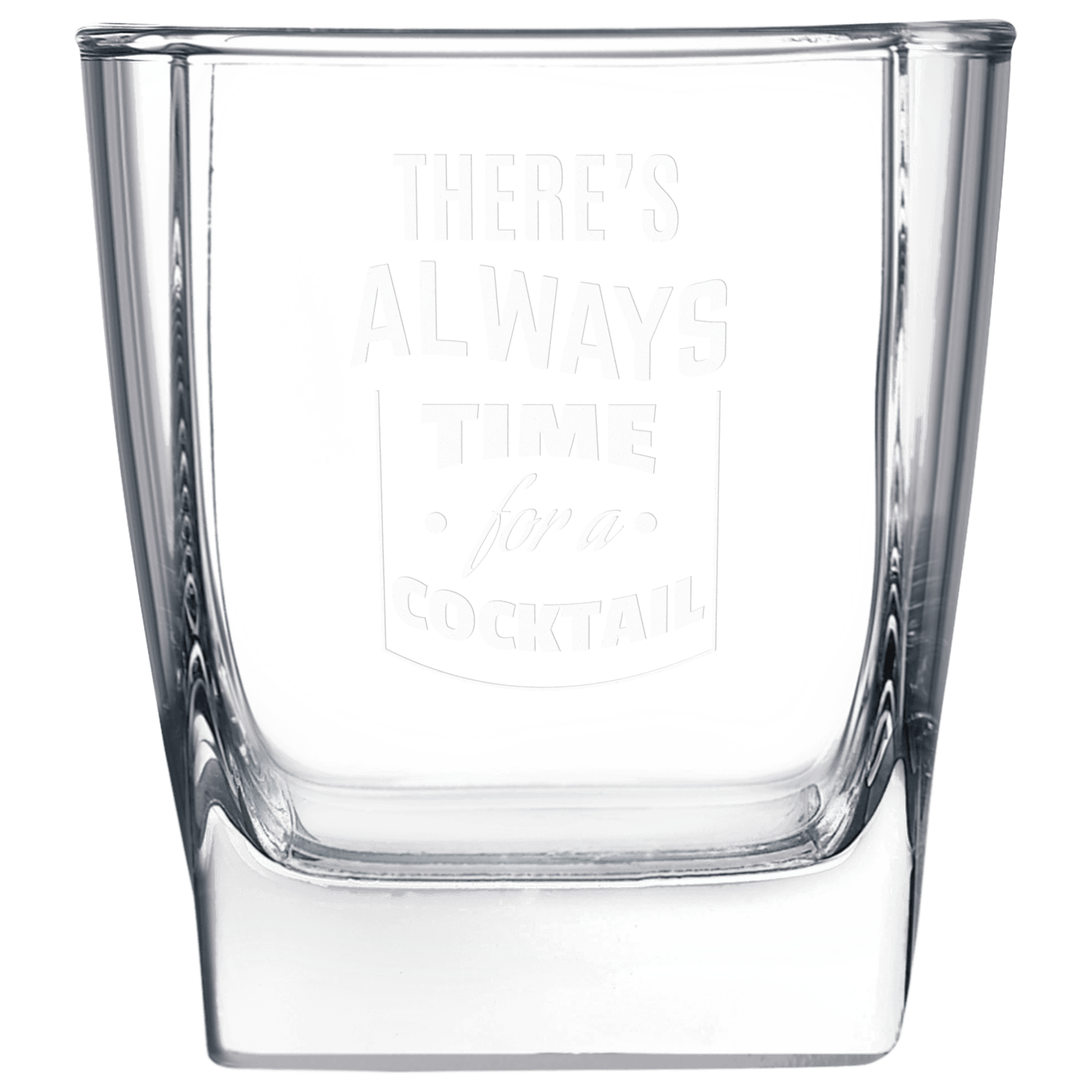 Clear square 10.5 oz. rocks glasses with thick bases and a frosted etched design, shown as a matching set