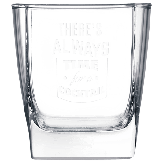 Clear square 10.5 oz. rocks glasses with thick bases and a frosted etched design, shown as a matching set