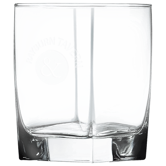 Clear square 12 oz. double old fashioned glass with a heavy base and a frosted etched design on a light background