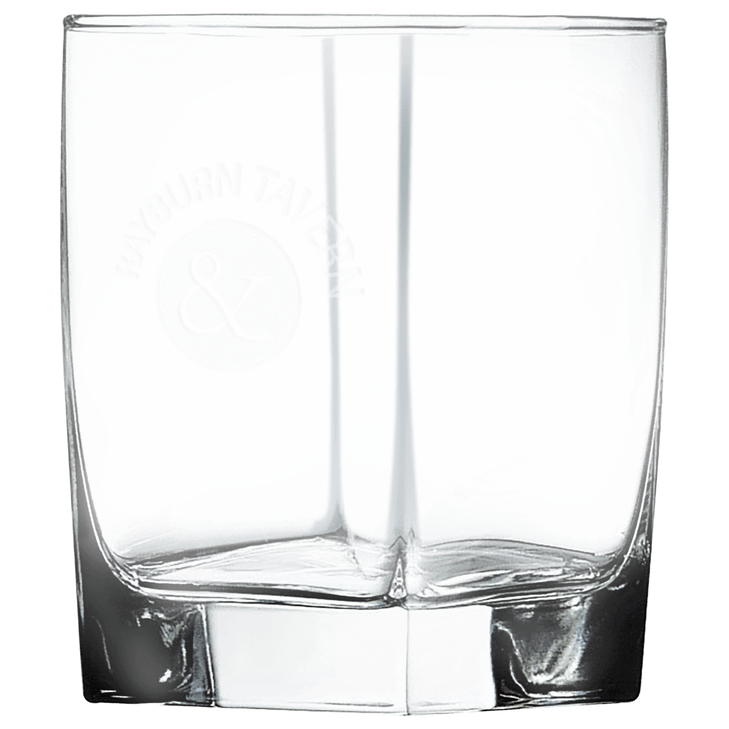 Clear square 12 oz. double old fashioned glasses with heavy bases and a frosted etched design, shown as a matching set