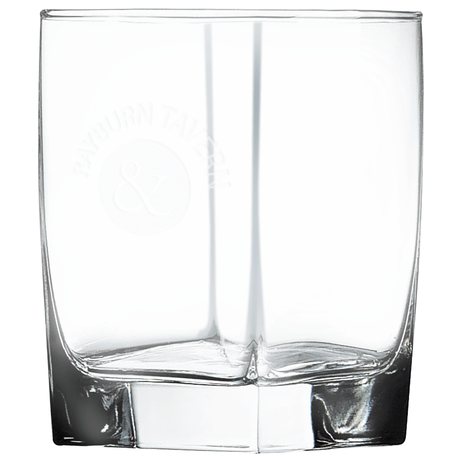 Clear square 12 oz. double old fashioned glasses with heavy bases and a frosted etched design, shown as a matching set