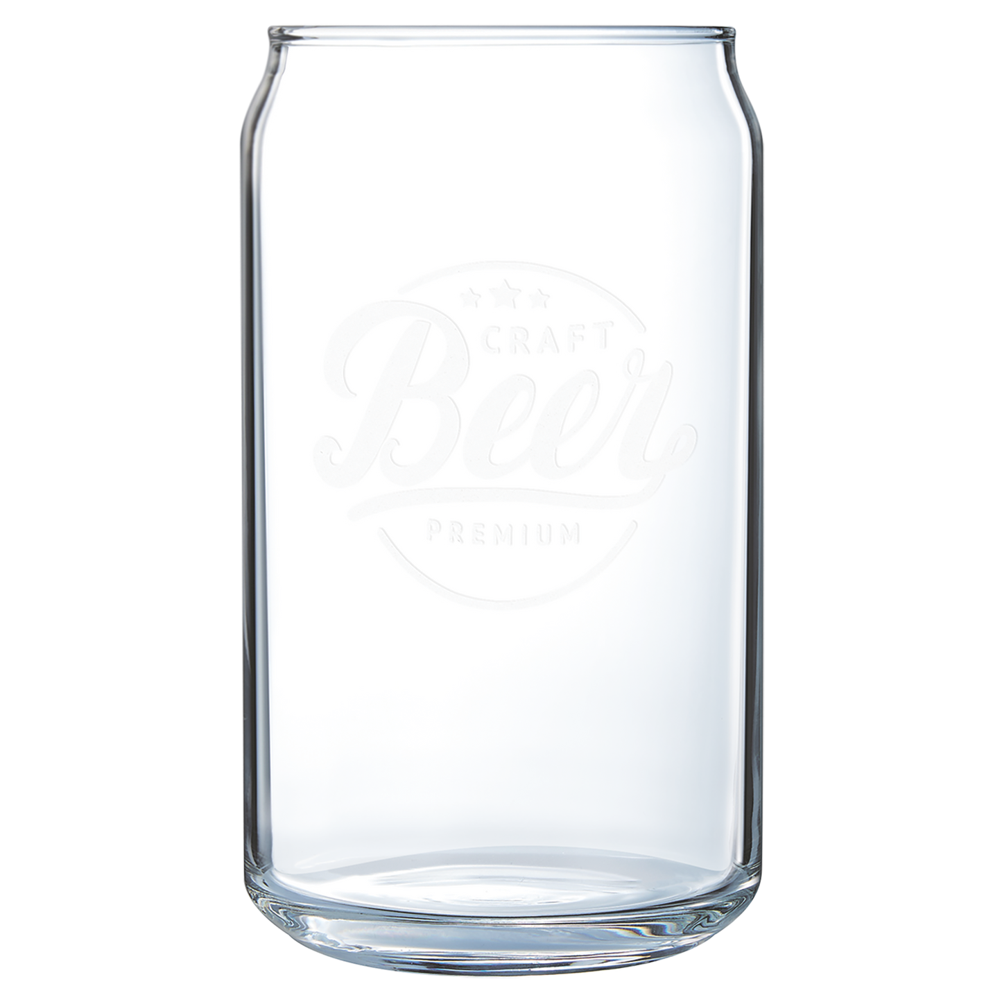Clear 16 oz. beer can shaped glass with a frosted etched design, shown upright on a light background