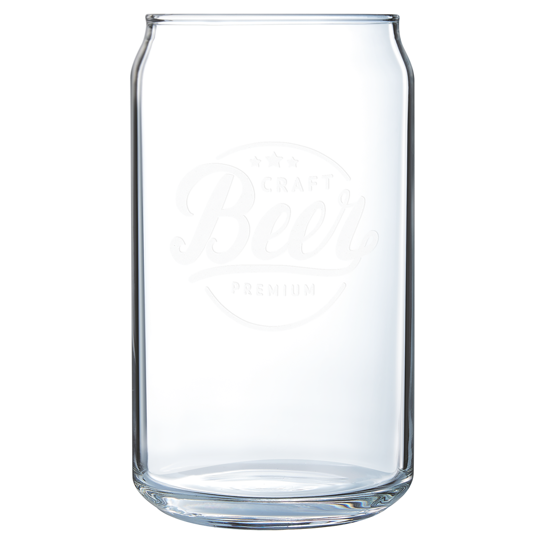 Clear 16 oz. beer can shaped glass with a frosted etched design, shown upright on a light background