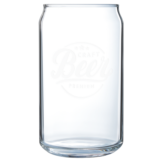 Clear 16 oz. beer can shaped glass with a frosted etched design, shown upright on a light background