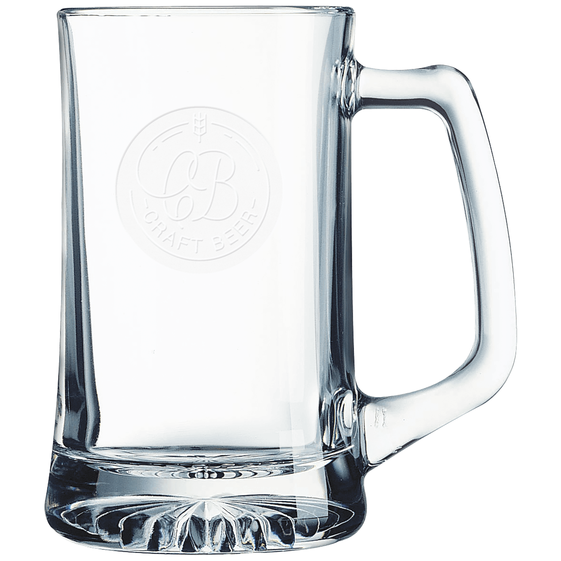 Clear 14 oz. glass beer mug with a handle and a frosted etched design on a light background