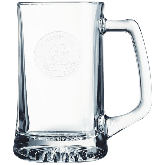 Clear 14 oz. glass beer mug with a handle and a frosted etched design on a light background
