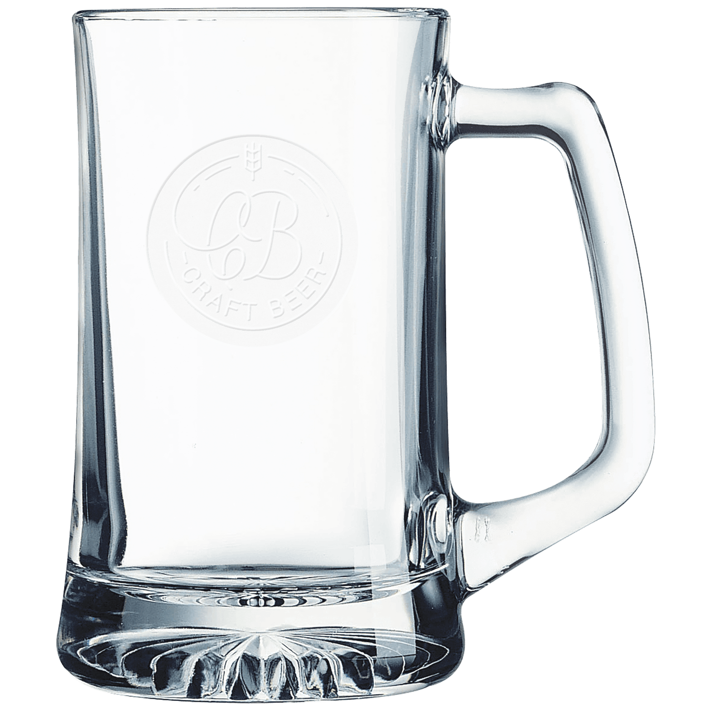 Clear 14 oz. glass beer mugs with handles and a frosted etched design, shown as a matching set
