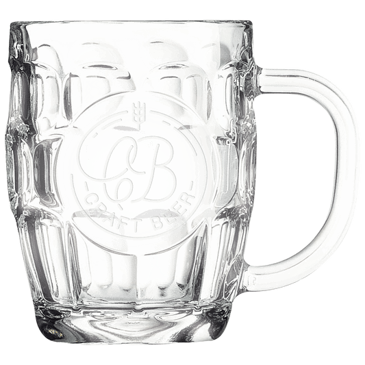 Clear 20 oz. glass beer mug with a handle and a smooth round etching panel on a light background