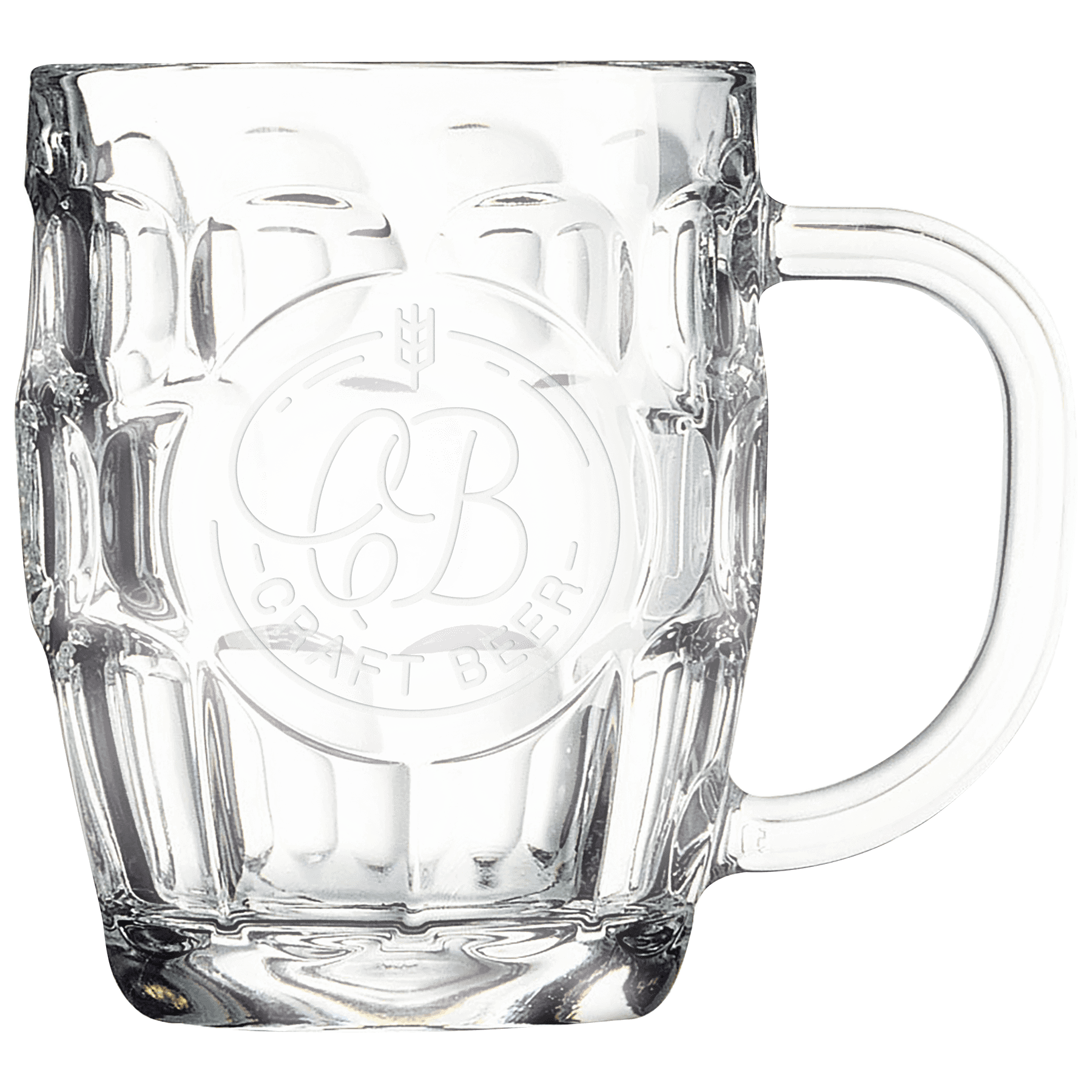Clear 20 oz. glass beer mugs with handles and a smooth round etching panel, shown as a matching set