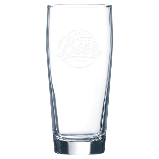 Clear 16 oz. Willi Becher tapered beer glasses with a frosted etched design, shown as a matching set