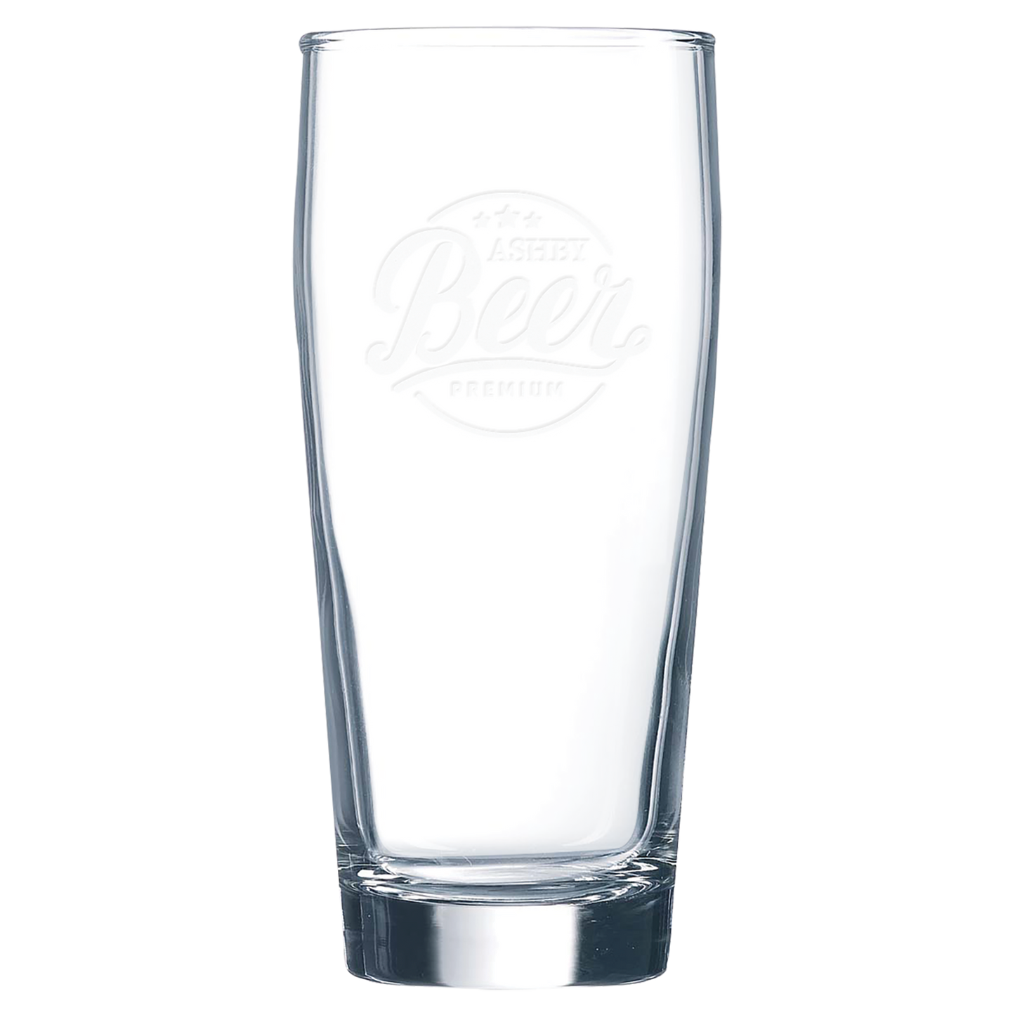 Clear 16 oz. Willi Becher tapered beer glasses with a frosted etched design, shown as a matching set