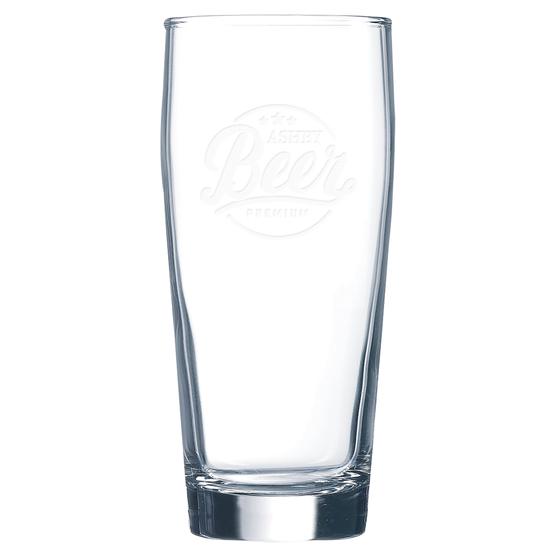 Clear 16 oz. Willi Becher tapered beer glasses with a frosted etched design, shown as a matching set