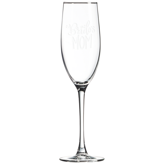 Clear 8 oz. champagne flute with a frosted etched design on a light background