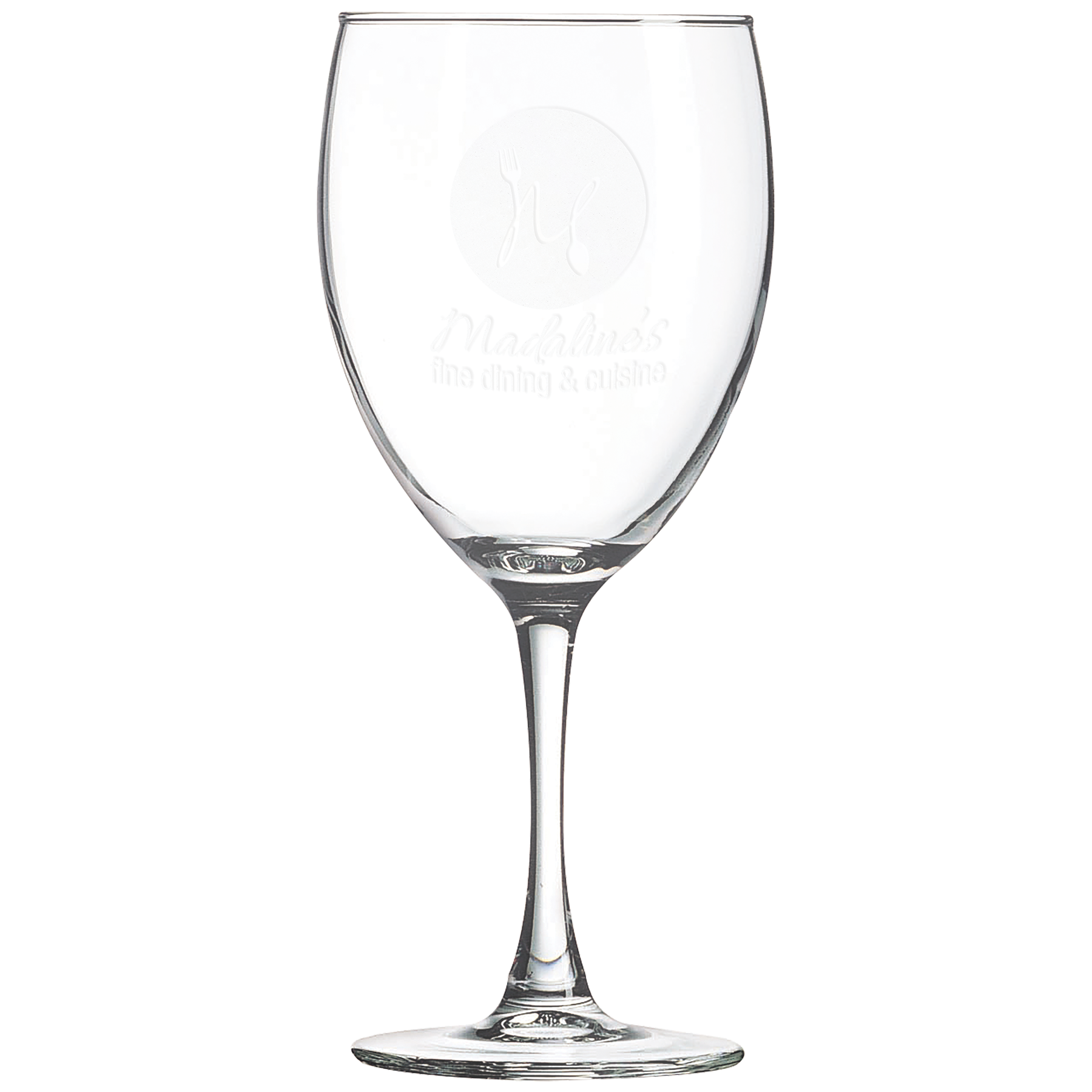 Clear 10 ounce stemmed wine glass with a frosted etched design on a light background