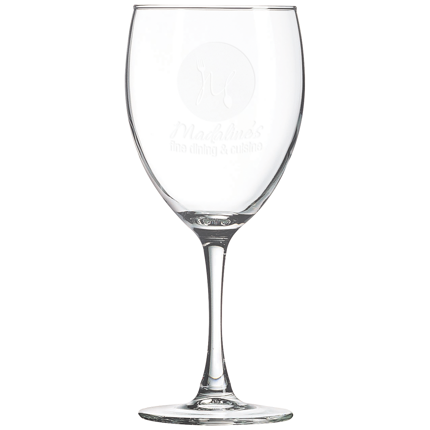 Clear 10 ounce stemmed wine glasses with a frosted etched design, shown as a matching set