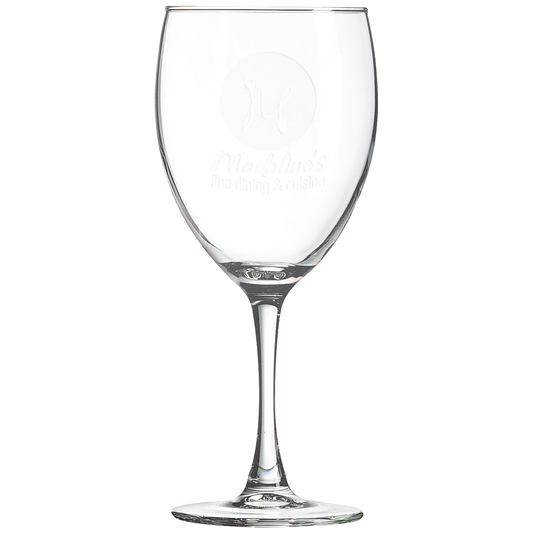 Clear 10 ounce stemmed wine glasses with a frosted etched design, shown as a matching set