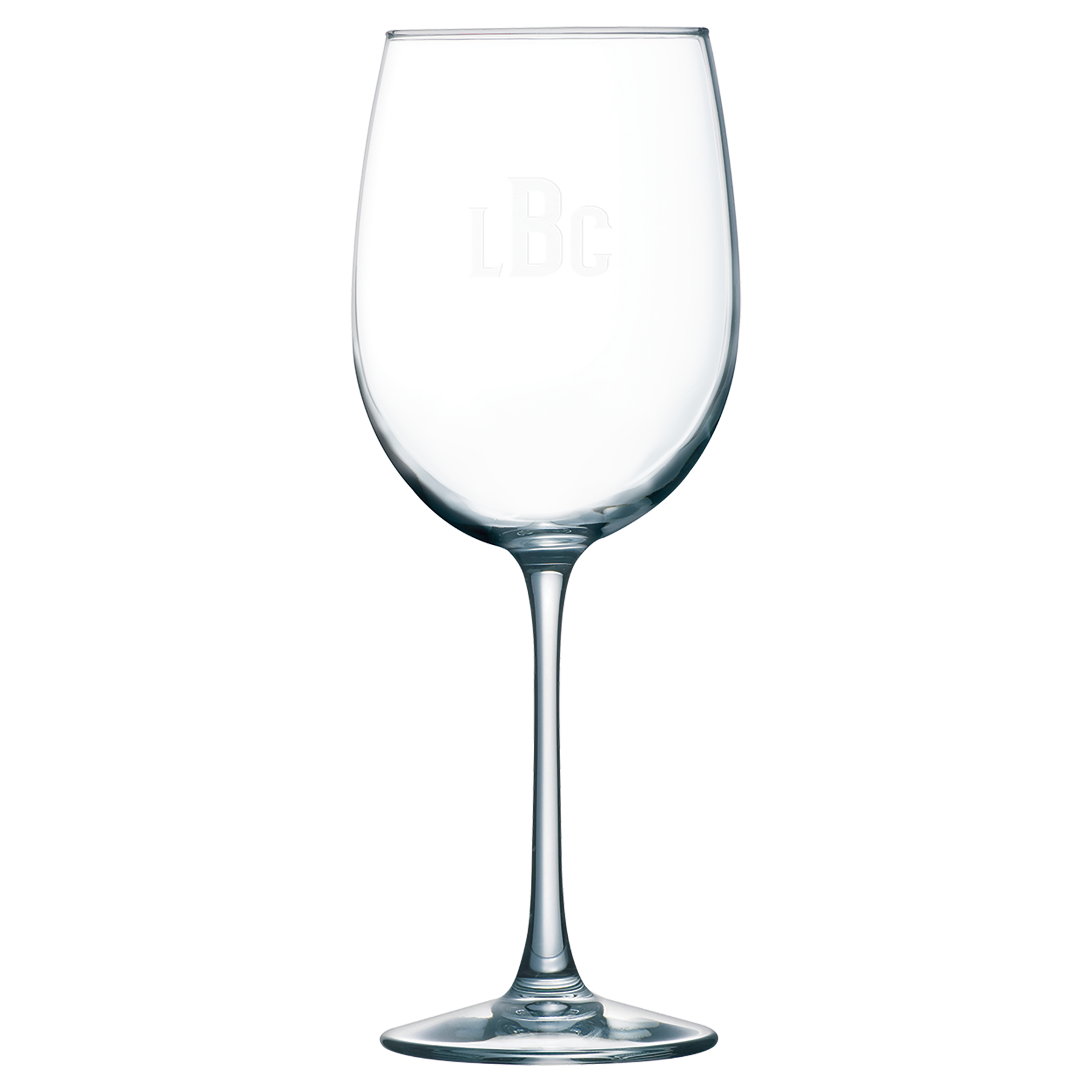 Clear 19 oz. large stemmed wine glass with a frosted etched design on a light background