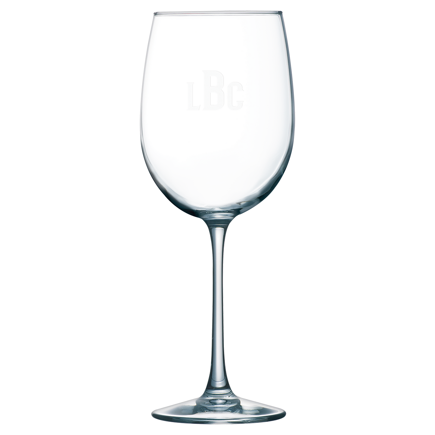 Clear 19 oz. large stemmed wine glasses with a frosted etched design, shown as a matching set