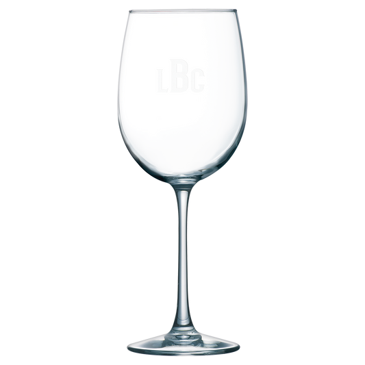 Clear 19 oz. large stemmed wine glasses with a frosted etched design, shown as a matching set
